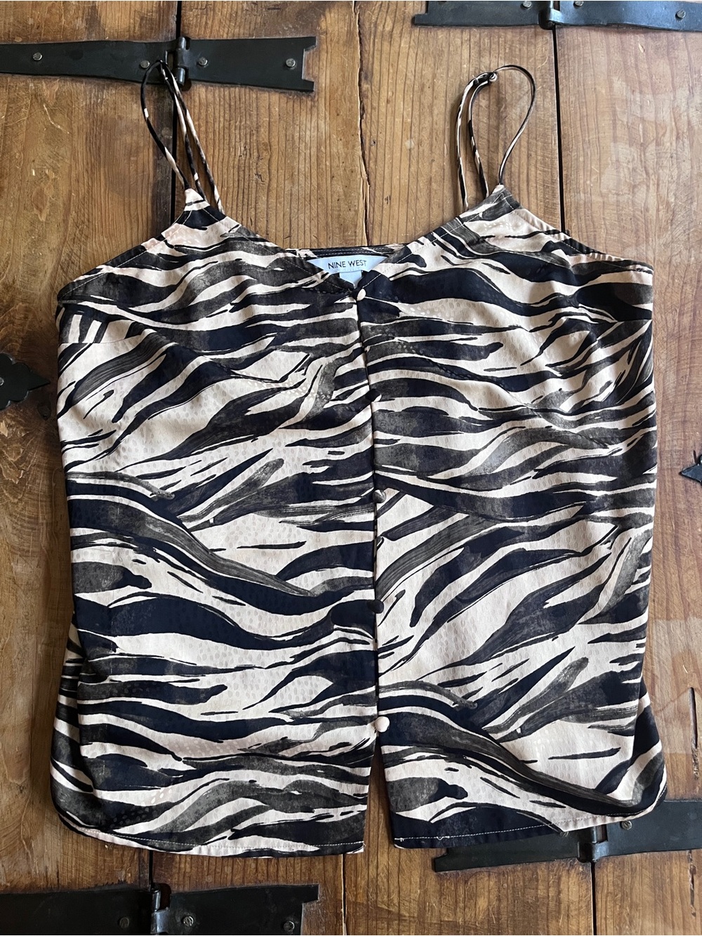 Nine West Black and Cream Zebra-Print Satin Cami Tank